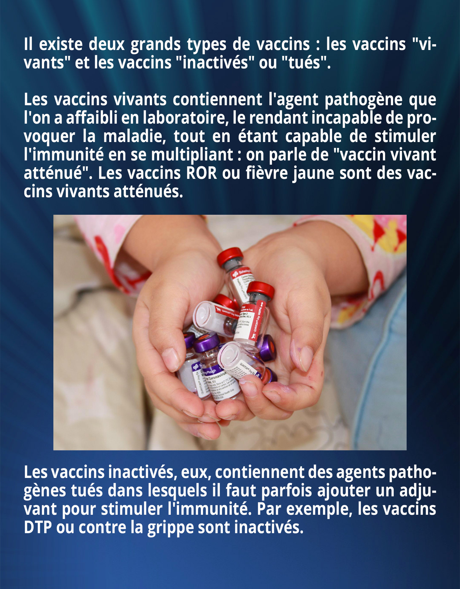 Il existe deux grands types de vaccins : les vaccins 