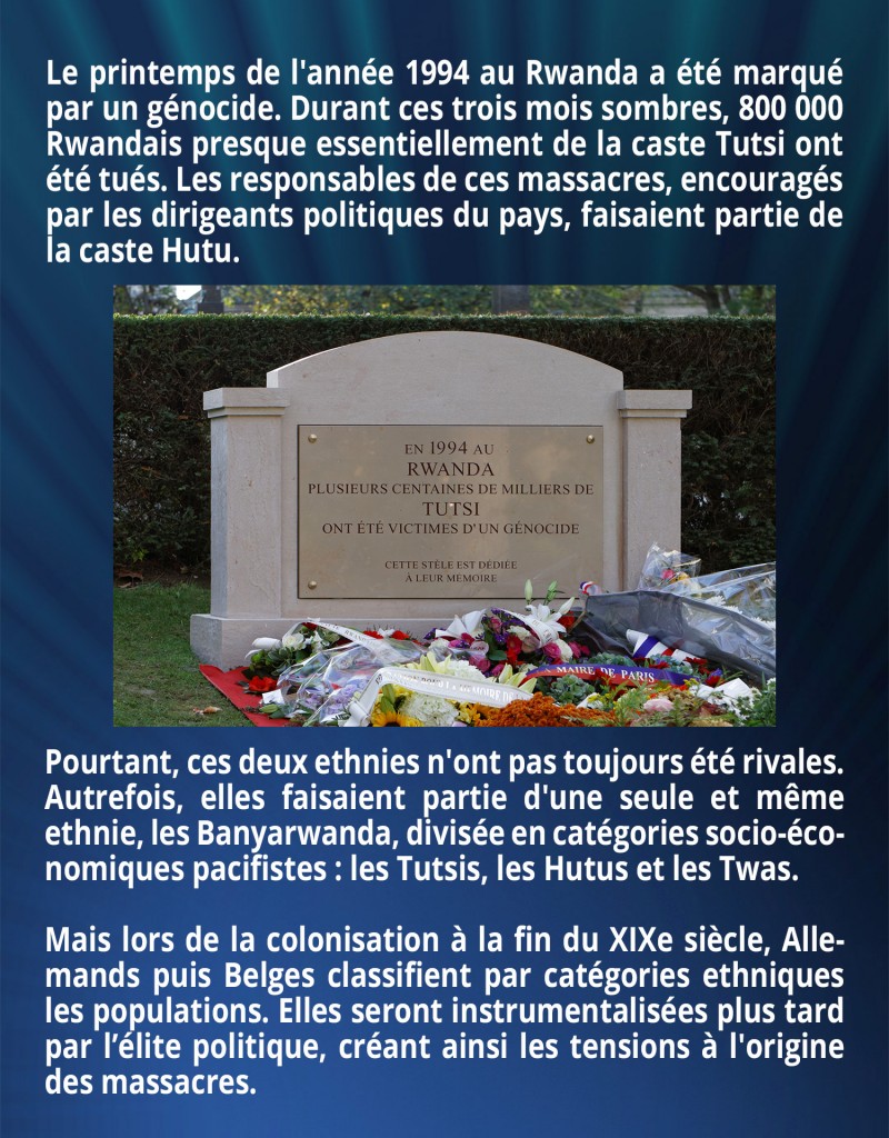 Le printemps de l'année 1994 au Rwanda a été marqué par un génocide. Durant ces trois mois sombres, 800 000 Rwandais presque essentiellement de la caste Tutsi ont été tués. Les responsables de ces massacres, encouragés par les dirigeants politiques du pays, faisaient partie de la caste Hutu.

Pourtant, ces deux ethnies n'ont pas toujours été rivales. Autrefois, elles faisaient partie d'une seule et même ethnie, les Banyarwanda, divisée en catégories socio-économiques pacifistes : les Tutsis, les Hutus et les Twas. Mais lors de la colonisation à la fin du XIXe siècle, Allemands puis Belges classifient par catégories ethniques les populations. Elles seront instrumentalisées plus tard par l’élite politique, créant ainsi les tensions à l'origine des massacres.