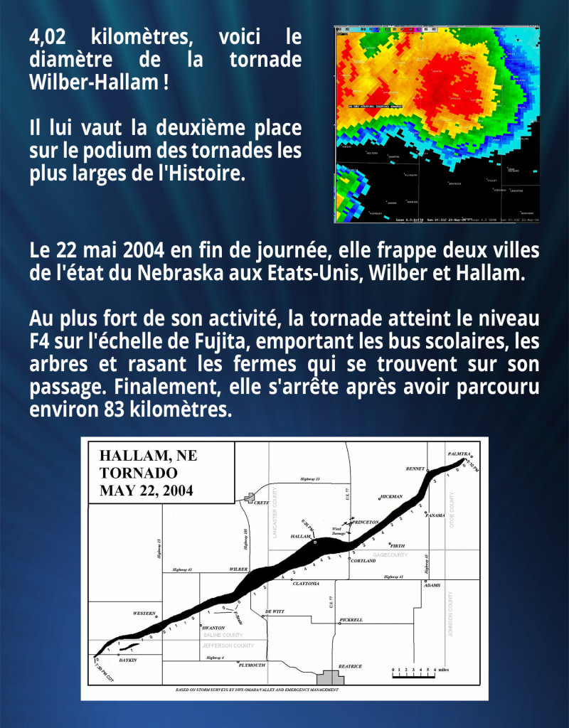 4,02 kilomètres, voici le diamètre de la tornade Wilber-Hallam ! Il lui vaut la deuxième place sur le podium des tornades les plus larges de l'Histoire. Le 22 mai 2004 en fin de journée, elle frappe deux villes de l'état du Nebraska aux Etats-Unis, Wilber et Hallam. Au plus fort de son activité, la tornade atteint le niveau F4 sur l'échelle de Fujita, emportant les bus scolaires, les arbres et rasant les fermes qui se trouvent sur son passage. Finalement, elle s'arrête après avoir parcouru environ 83 kilomètres.