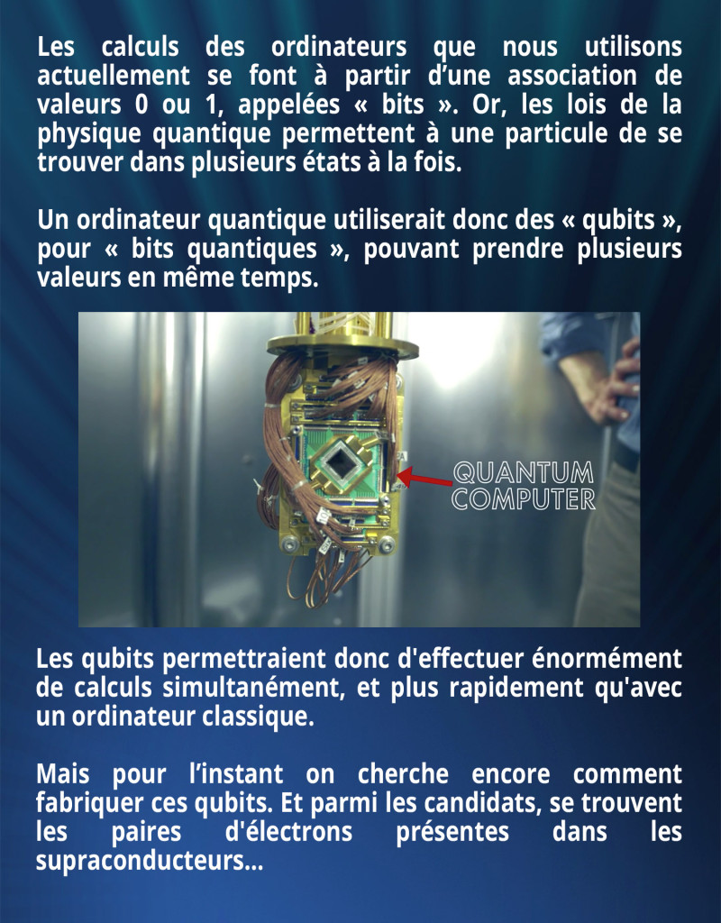 Les calculs des ordinateurs que nous utilisons actuellement se font à partir d’une association de valeurs 0 ou 1, appelées « bits ». Or, les lois de la physique quantique permettent à une particule de se trouver dans plusieurs états à la fois. Un « ordinateur quantique » utiliserait donc des « qubits » pour « bits quantiques » pouvant prendre plusieurs valeurs en même temps. Les qubits permettraient donc d'effectuer énormément de calculs simultanément, et plus rapidement qu'avec un ordinateur classique. Mais pour l’instant on cherche encore comment fabriquer ces qubits. Et parmi les candidats, se trouvent les paires d'électrons présentes dans les supraconducteurs… 