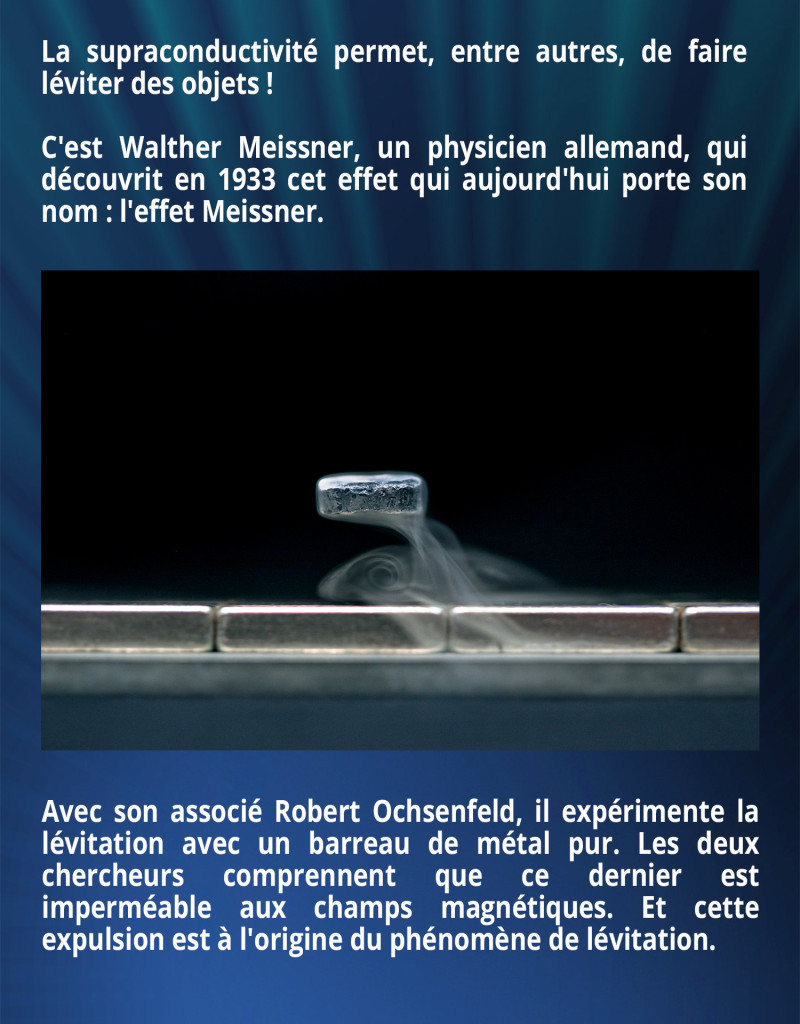 La supraconductivité permet, entre autres, de faire léviter des objets ! C'est Walther Meissner, un physicien allemand, qui découvrit en 1933 cet effet qui aujourd'hui porte son nom : l'effet Meissner. Avec son associé Robert Ochsenfeld, il expérimente la lévitation avec un barreau de métal pur. Les deux chercheurs comprennent que ce dernier est imperméable aux champs magnétiques. Et cette expulsion est à l'origine du phénomène de lévitation.