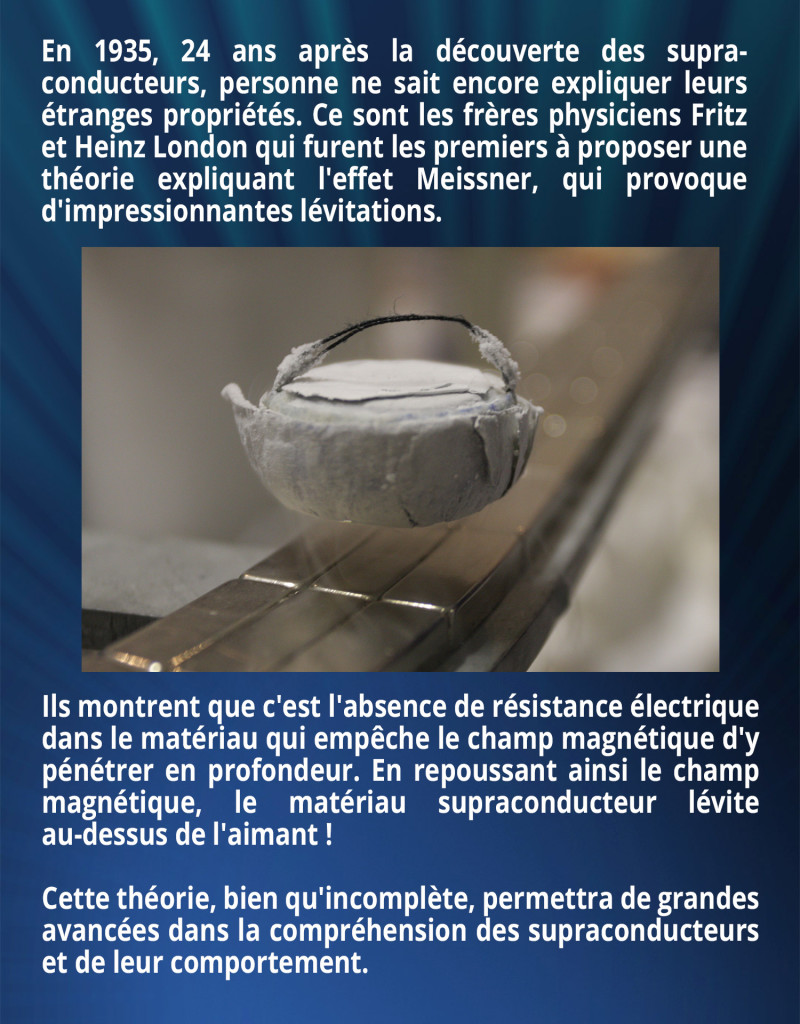 En 1935, 24 ans après la découverte des supraconducteurs, personne ne sait encore expliquer leurs étranges propriétés. Ce sont les frères physiciens Fritz et Heinz London qui furent les premiers à proposer une théorie expliquant l'effet Meissner, qui provoque d'impressionnantes lévitations. Ils montrent que c'est l'absence de résistance électrique dans le matériau qui empêche le champ magnétique d'y pénétrer en profondeur. En repoussant ainsi le champ magnétique, le matériau supraconducteur lévite au-dessus de l'aimant ! Cette théorie, bien qu'incomplète, permettra de grandes avancées dans la compréhension des supraconducteurs et de leur comportement.