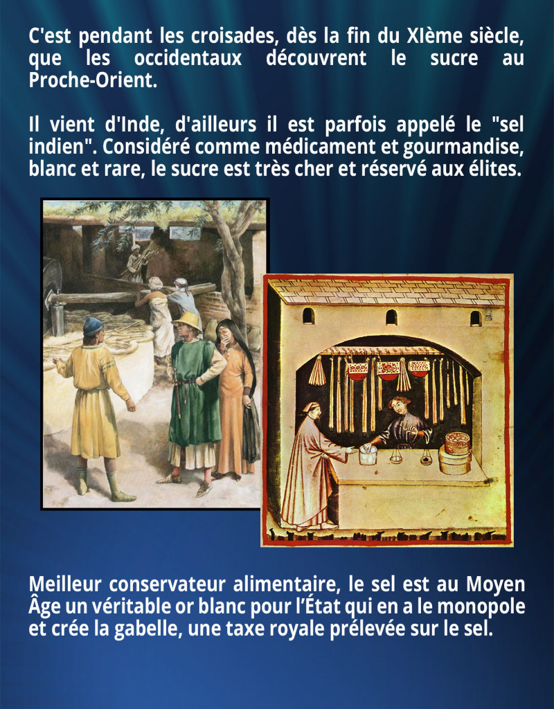 C'est pendant les croisades, dès la fin du XIème siècle, que les occidentaux découvrent le sucre au Proche-Orient. Il vient d'Inde, d'ailleurs il est parfois appelé le 