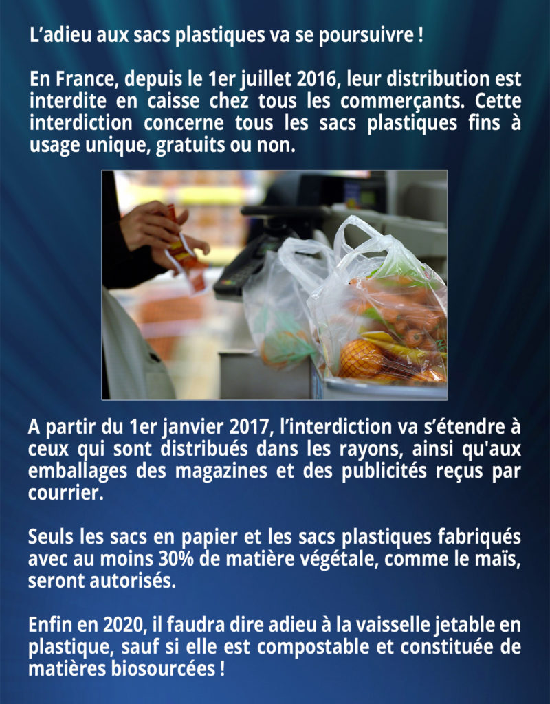 L’adieu aux sacs plastiques va se poursuivre ! En France, depuis le 1er juillet 2016, leur distribution est interdite en caisse chez tous les commerçants. Cette interdiction concerne tous les sacs plastiques fins à usage unique, gratuits ou non. A partir du 1er janvier 2017, l’interdiction va s’étendre à ceux qui sont distribués dans les rayons, ainsi qu'aux emballages des magazines et des publicités reçus par courrier. Seuls les sacs en papier et les sacs plastiques fabriqués avec au moins 30% de matière végétale, comme le maïs, seront autorisés. Enfin en 2020, il faudra dire adieu à la vaisselle jetable en plastique, sauf si elle est compostable et constituée de matières biosourcées !