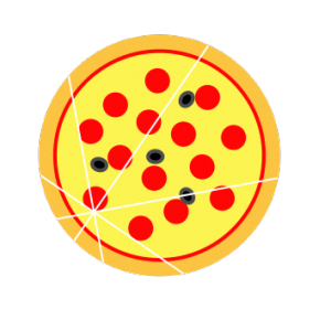 Une pizza coupée quatre fois.