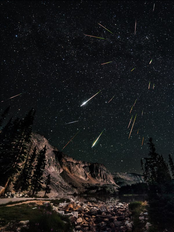 Photomontage réalisé par David Kingham, superposant 23 photos d'étoiles filantes dans un même lieu.