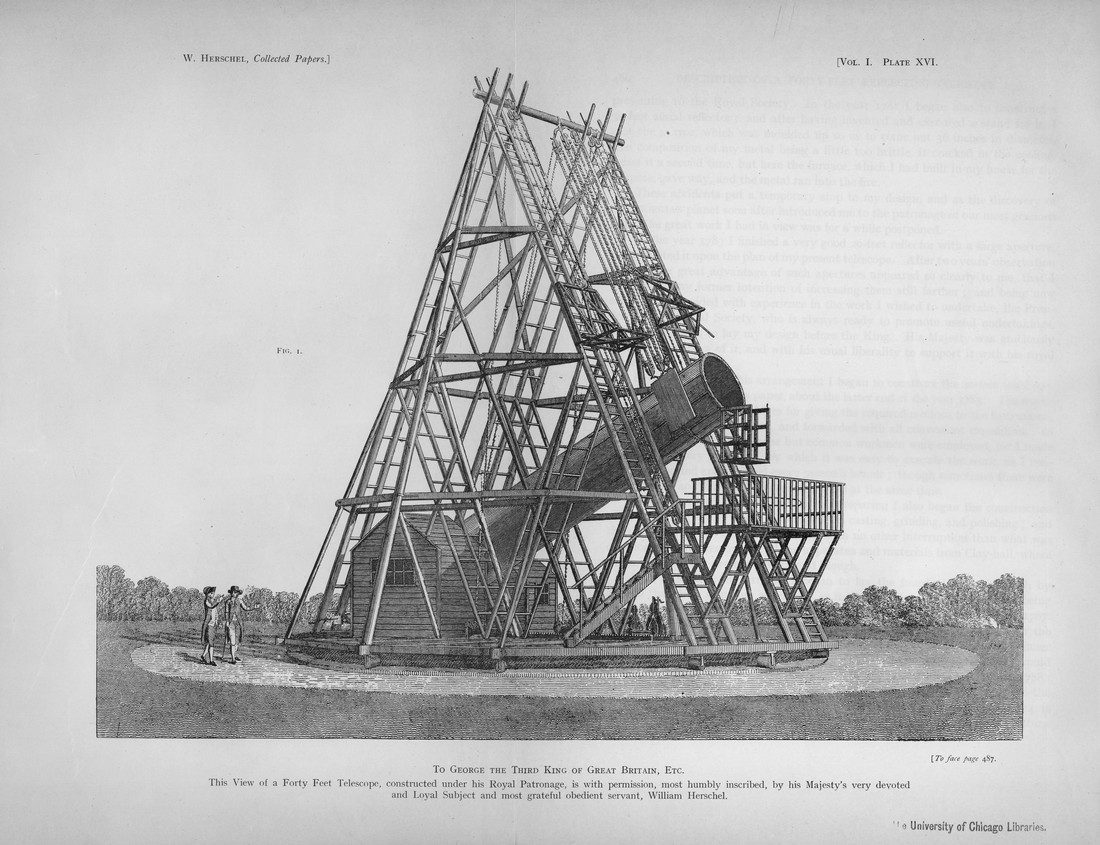 Dessin du télescope d'Herschel, provenant de ses ouvrages personnels.